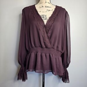 ​Express Plum Burgundy Lace Trim Surplice Peplum Blouse XL